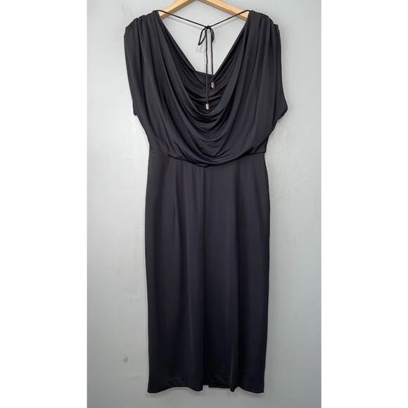 Anne Klein Size 8 Black Slinky Knit Dress Party Elegant Holiday Drape Neck Fairy - Picture 4 of 11